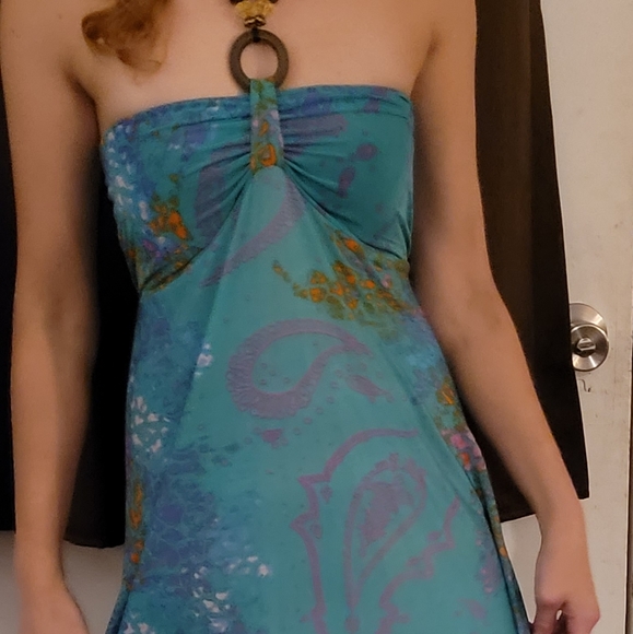 Halter maxi dress- Teel Medium. Beads. - Picture 4 of 7